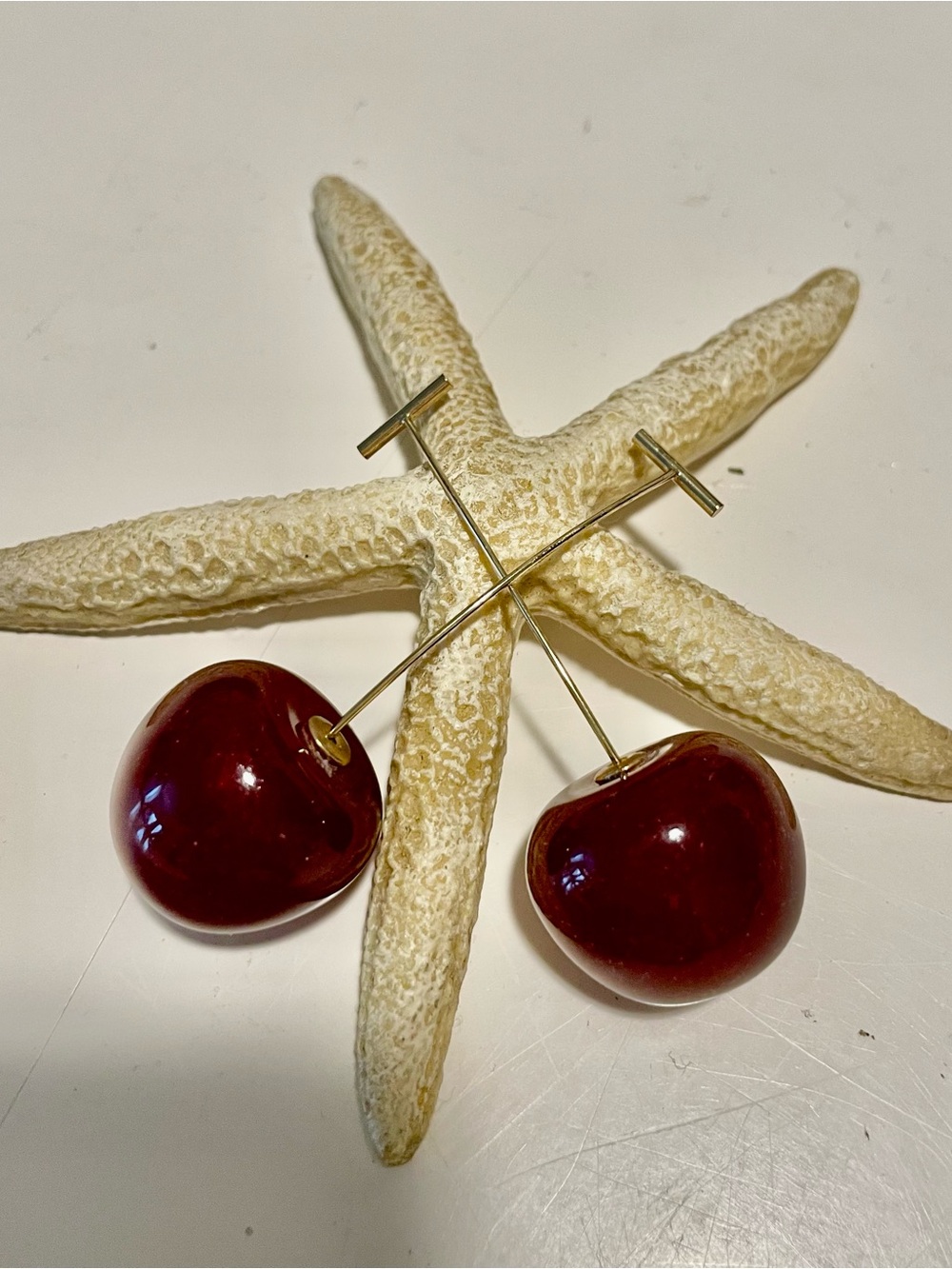 Gold Cherry Drop Earrings in Deep Red